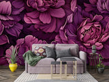 Purple Peony Wallpaper in modern living room with grey sofa and natural light