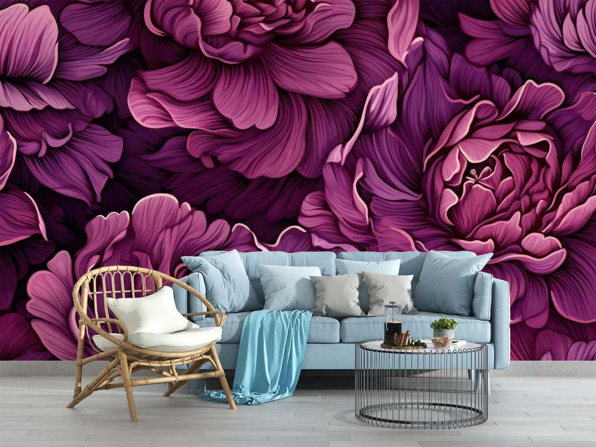 Dramatic floral wall mural in master bedroom with white bedding