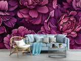 Dramatic floral wall mural in master bedroom with white bedding