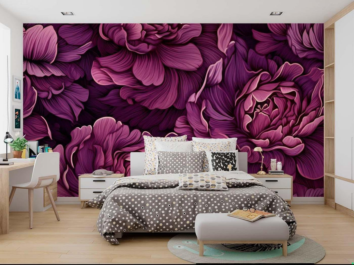 Purple Peony Mural in dining room with crystal chandelier