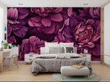 Purple Peony Mural in dining room with crystal chandelier