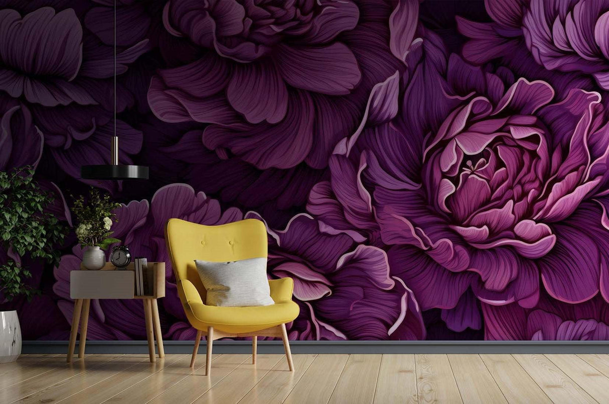 Purple floral wallpaper in boutique fitting room with gold mirror