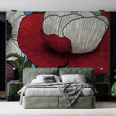 Red and white poppy wallpaper creating a stunning feature wall in a bright modern living room with minimal furniture