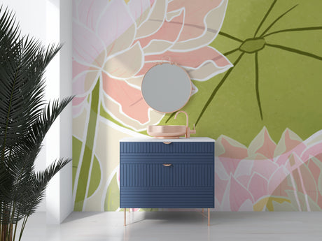 Large scale Lotus Wallpaper creating a calm atmosphere in a modern living room with white furniture