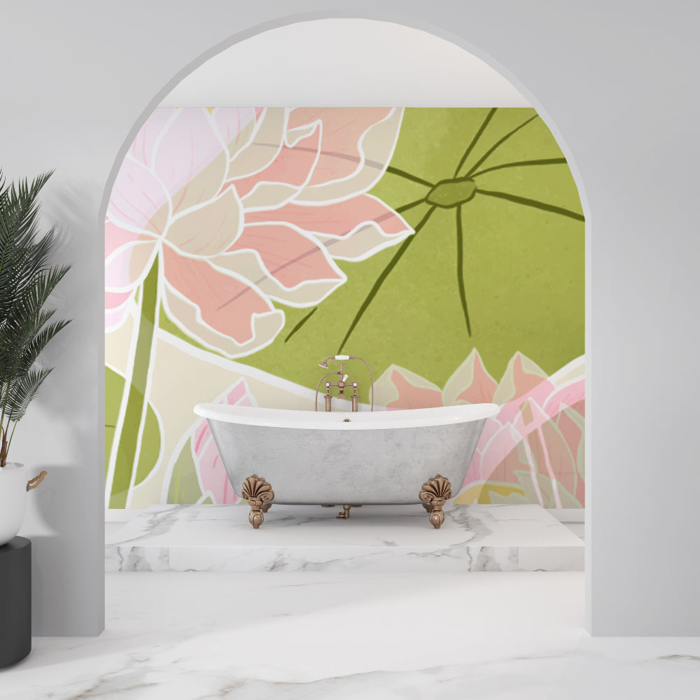 Botanical Wallpaper with pink lotus flowers bringing nature into a bright bedroom