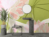 Pink and green Lotus Mural making a statement in a minimalist dining room