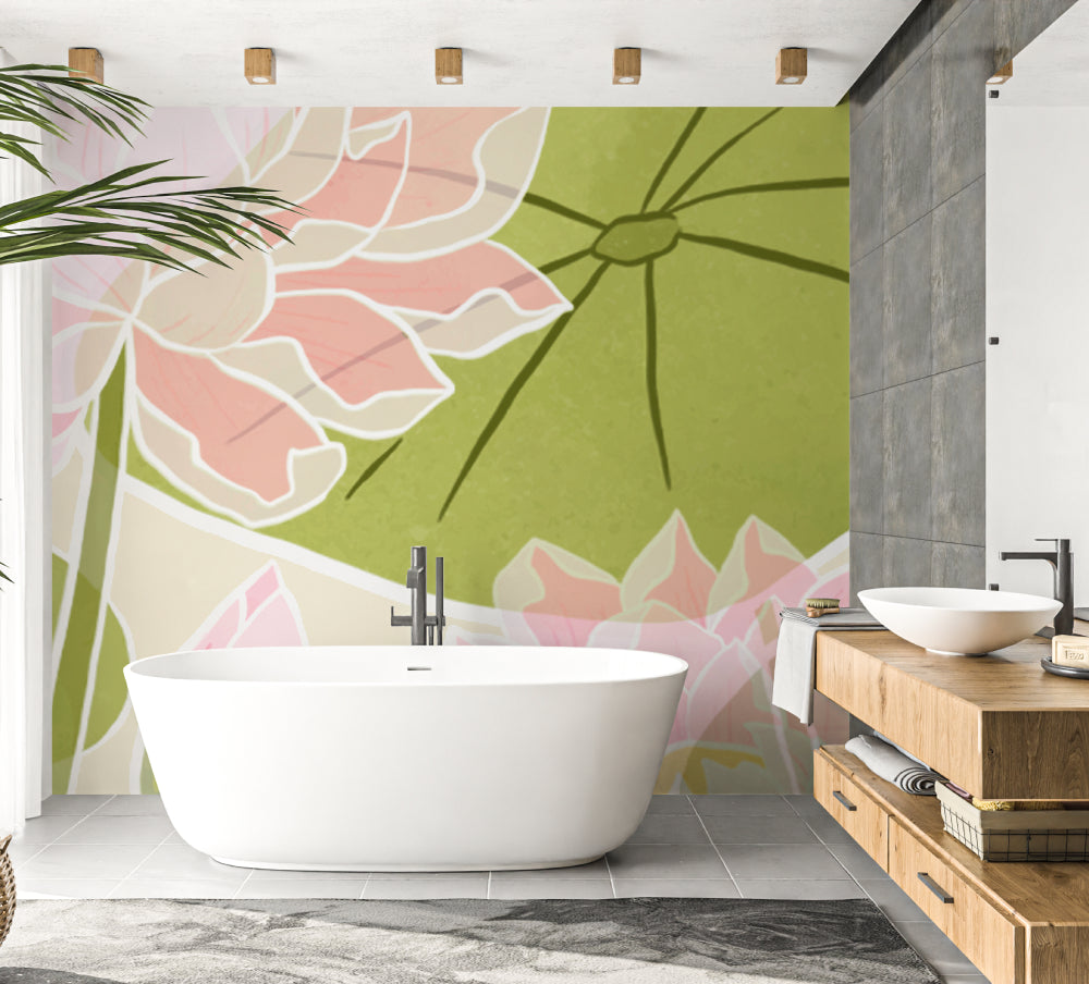 Floral Wall Mural transforming a home office with its peaceful lotus design
