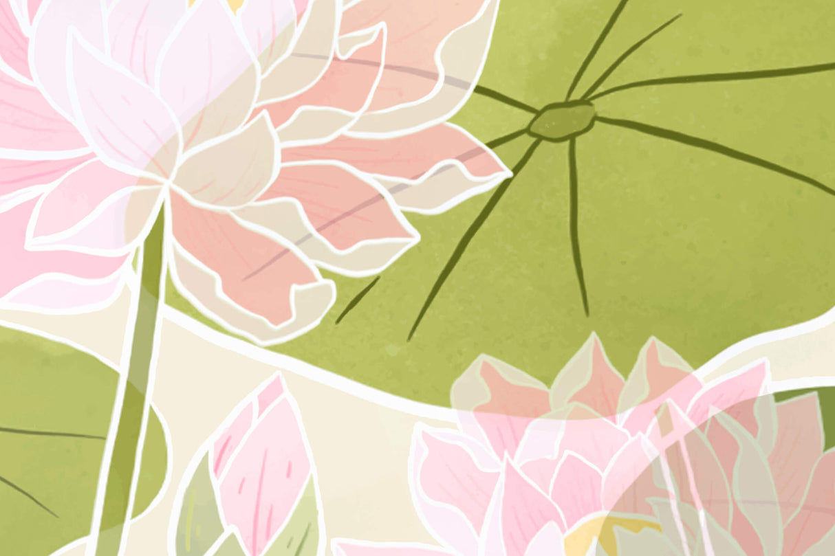 Design file showing detailed lotus pattern with pink petals and green accents