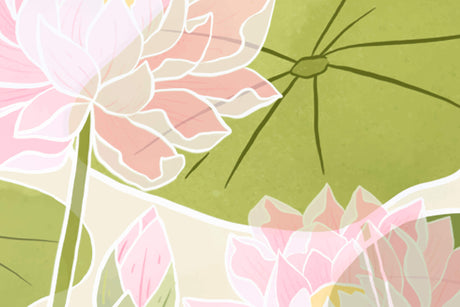 Design file showing detailed lotus pattern with pink petals and green accents