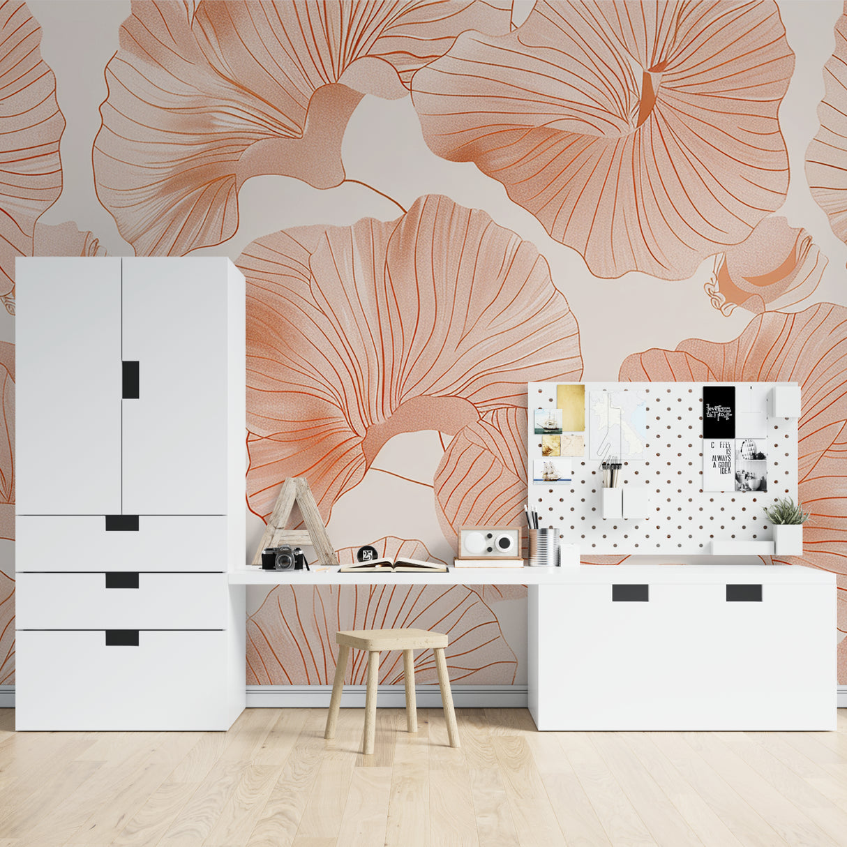 Large scale terracotta floral wallpaper creating a calm atmosphere in a modern living room setting