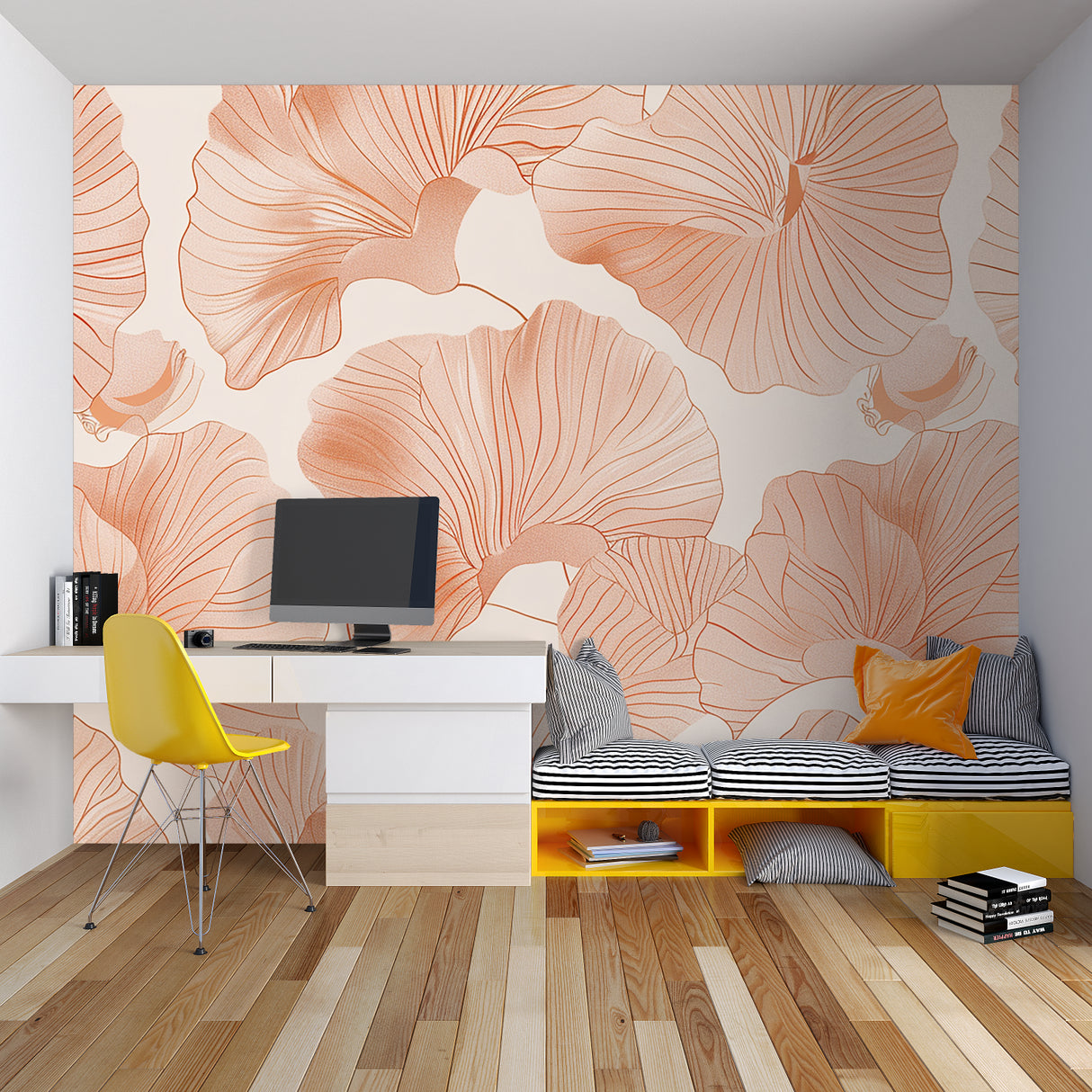 Botanical wall mural with terracotta petals adding warmth to a minimalist bedroom