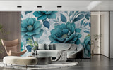 Teal floral wallpaper mural in modern living room creating peaceful atmosphere with oversized bloom pattern
