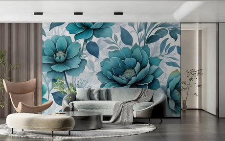 Teal floral wallpaper mural in modern living room creating peaceful atmosphere with oversized bloom pattern