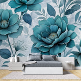 Large teal flower mural wallpaper styled in master bedroom showing scale of blooms