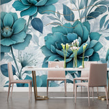 Teal botanical wallpaper bringing nature indoors to dining room with dramatic floral design