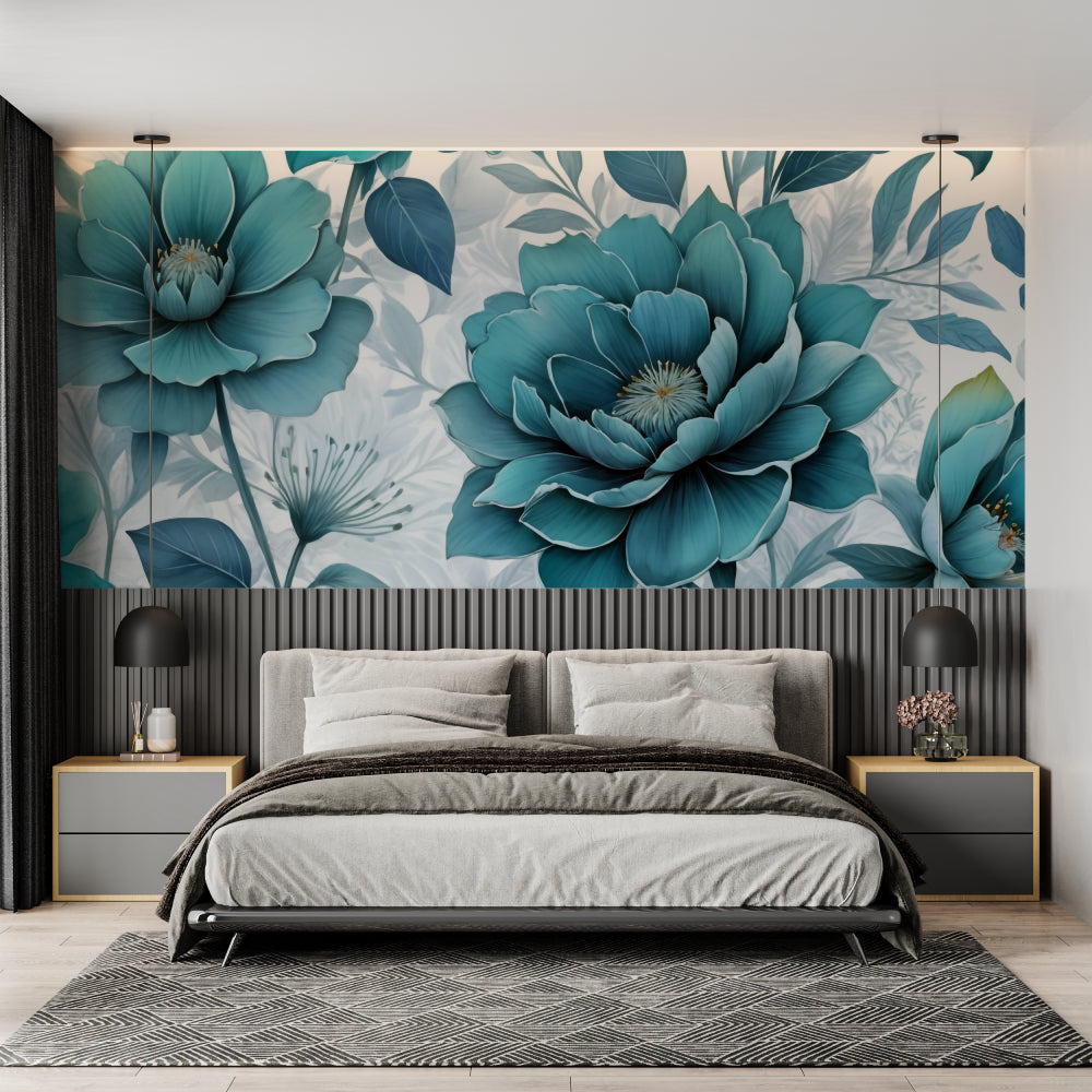 Oversized teal bloom wallpaper making statement in home office with clean white background