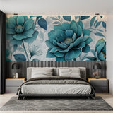 Oversized teal bloom wallpaper making statement in home office with clean white background