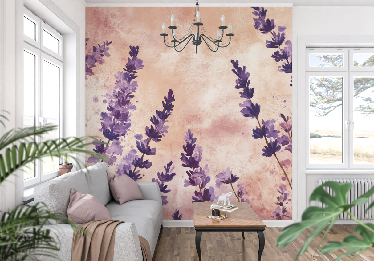 Watercolor floral mural creating calm atmosphere in cozy living room