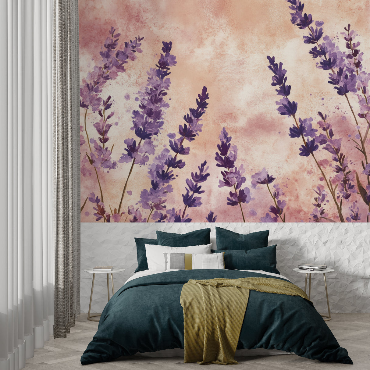 Lavender and terracotta wallpaper bringing natural charm to dining space