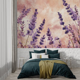 Lavender and terracotta wallpaper bringing natural charm to dining space