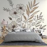 Botanical line art wallpaper creating an elegant atmosphere in a modern living room with minimalist furniture