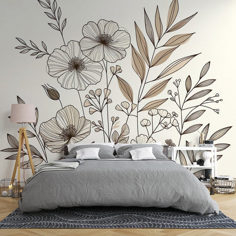 Botanical line art wallpaper creating an elegant atmosphere in a modern living room with minimalist furniture