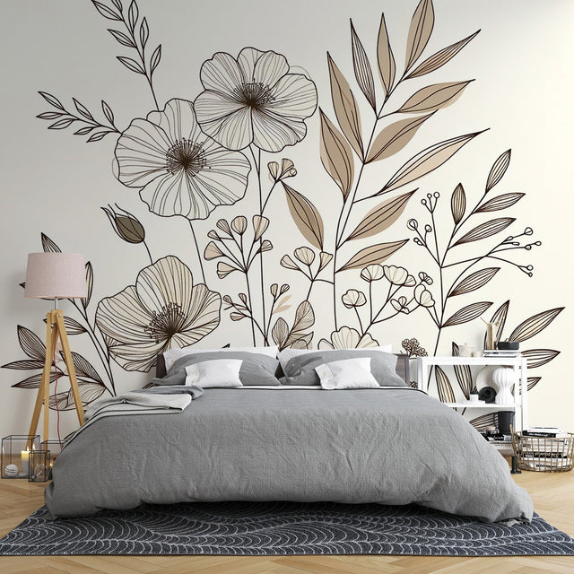 Botanical line art wallpaper creating an elegant atmosphere in a modern living room with minimalist furniture