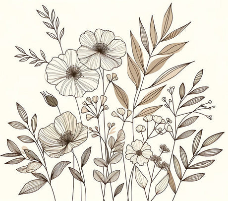 Botanical line art wallpaper design file showing detailed floral pattern on white background
