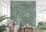 Green botanical wallpaper creating serene atmosphere in master bedroom