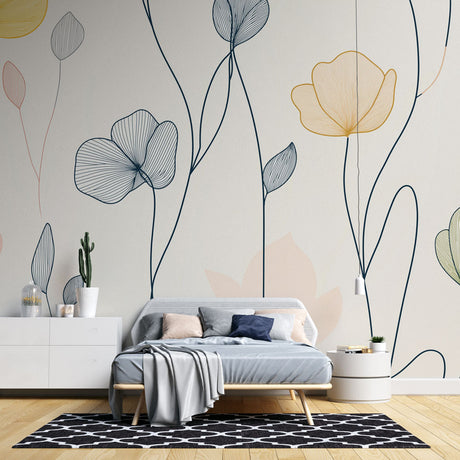Line art floral wallpaper creating a serene atmosphere in a modern living room with minimalist furniture