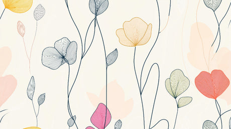 Pastel blooms line art wallpaper design file showing delicate navy outlines and soft color details