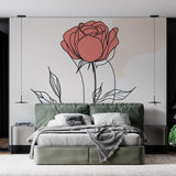 Modern Line Art Rose Wallpaper creating an artistic focal point in a bright, contemporary living room setting