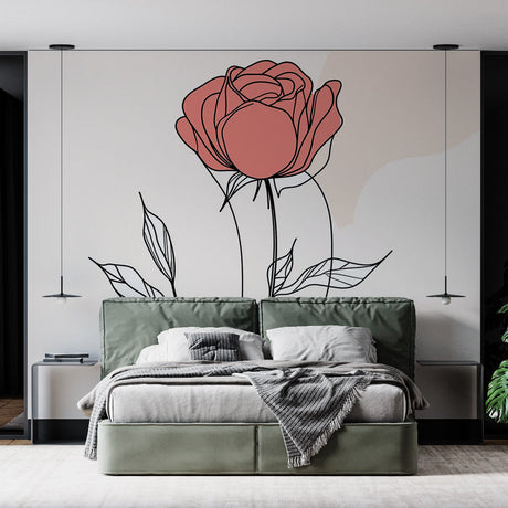 Modern Line Art Rose Wallpaper creating an artistic focal point in a bright, contemporary living room setting