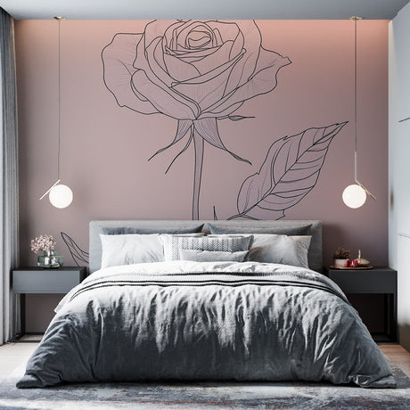 Pink Line Art Rose Wallpaper creating a stunning accent wall in a bright modern bedroom with minimalist furniture