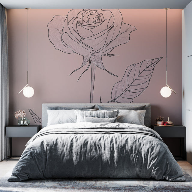 Pink Line Art Rose Wallpaper creating a stunning accent wall in a bright modern bedroom with minimalist furniture