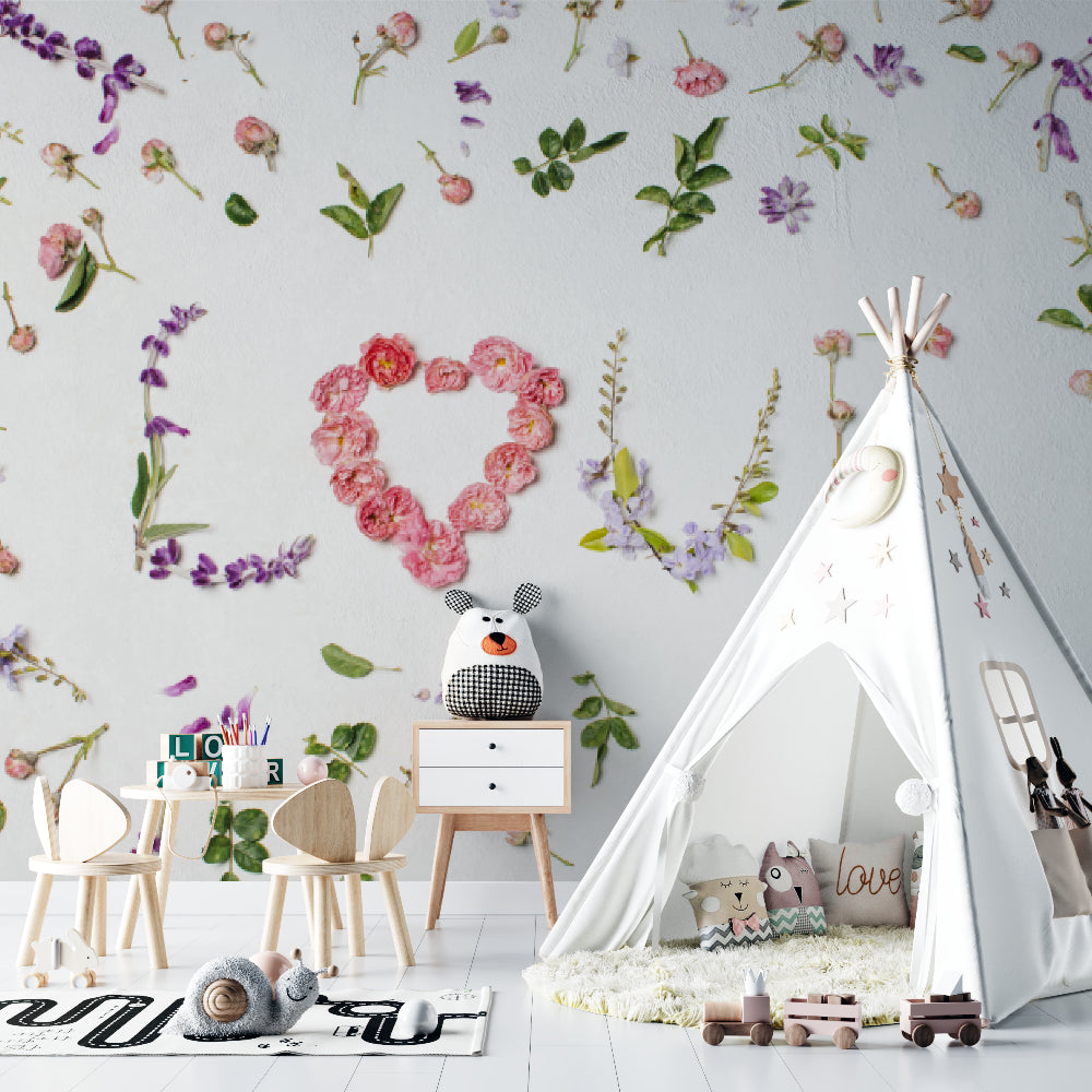 Love letters wallpaper with pink and purple flowers in a teenage room
