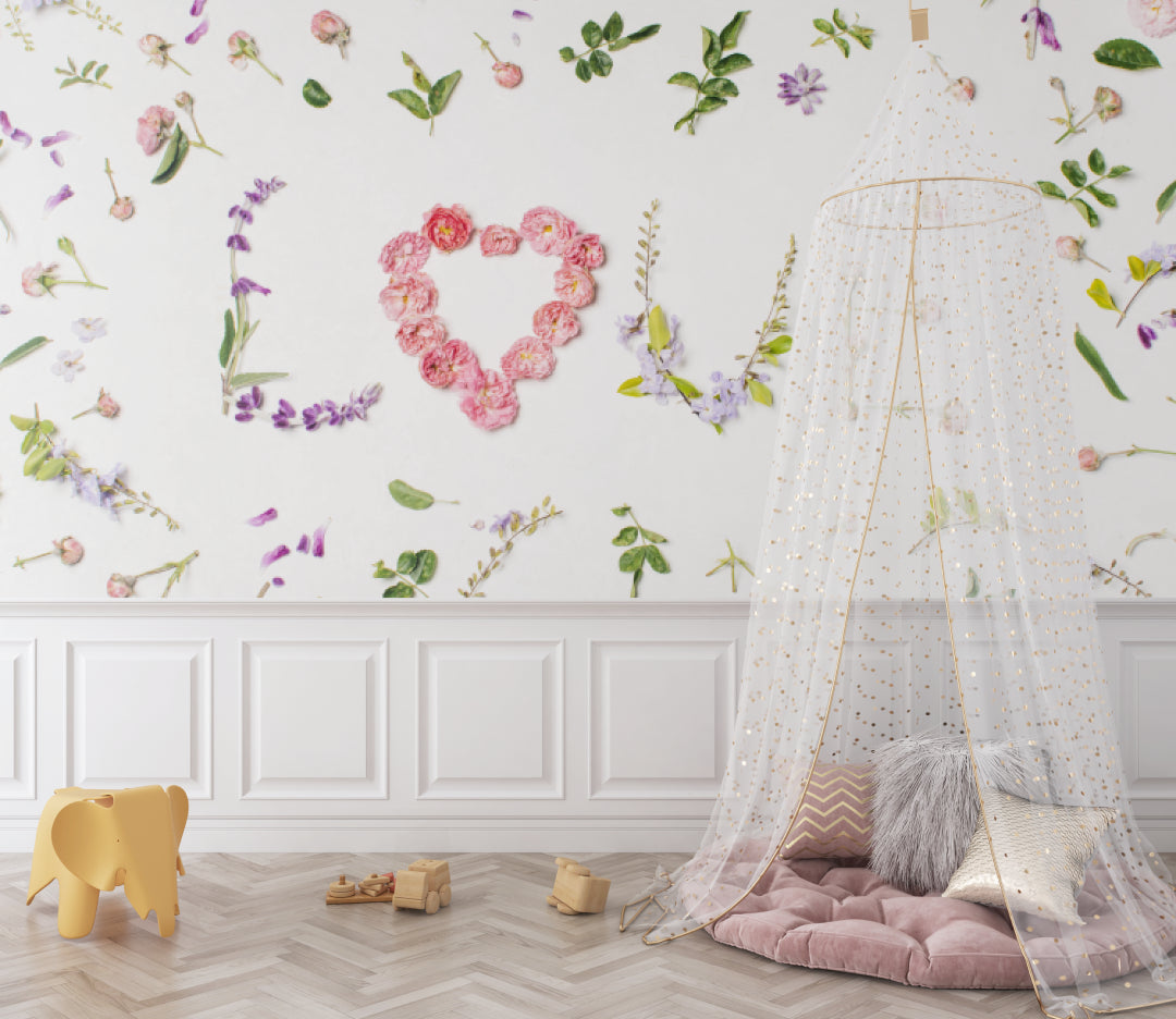 Floral love wallpaper with roses in a modern home office setting