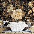 Luxury Black and Gold Peony Wallpaper creating dramatic impact in modern living room with pendant lighting
