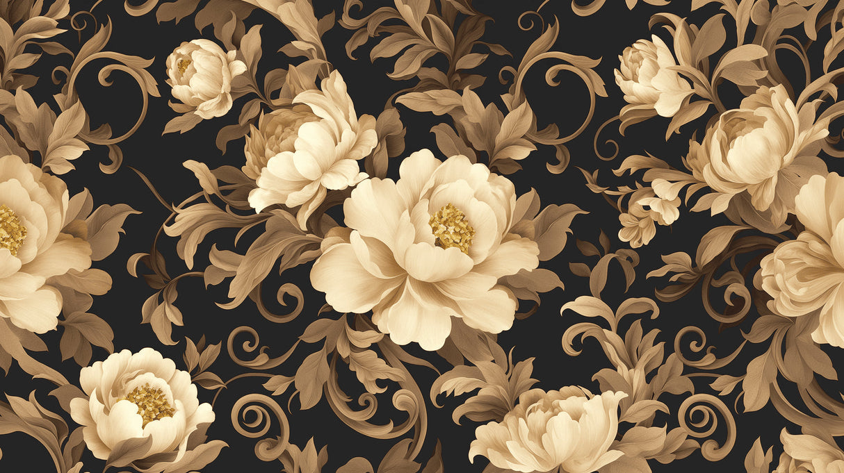 Black and gold peony wallpaper design file showing intricate floral pattern and metallic details