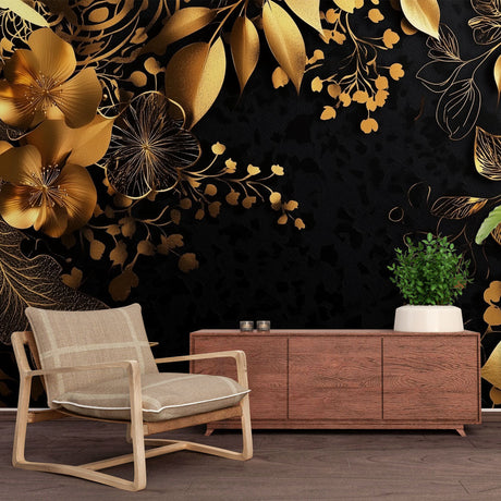 Black and gold floral wallpaper in a modern dining room, metallic blooms catching light from a crystal chandelier