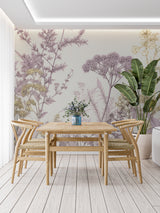 Botanical wallpaper mural with mauve and gold flowers creating a peaceful atmosphere in a modern living room