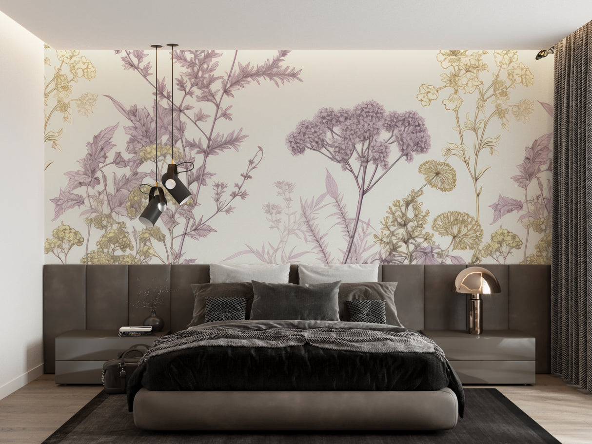 Floral wall mural featuring delicate mauve blooms and gold accents in a bright dining room setting