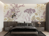 Floral wall mural featuring delicate mauve blooms and gold accents in a bright dining room setting