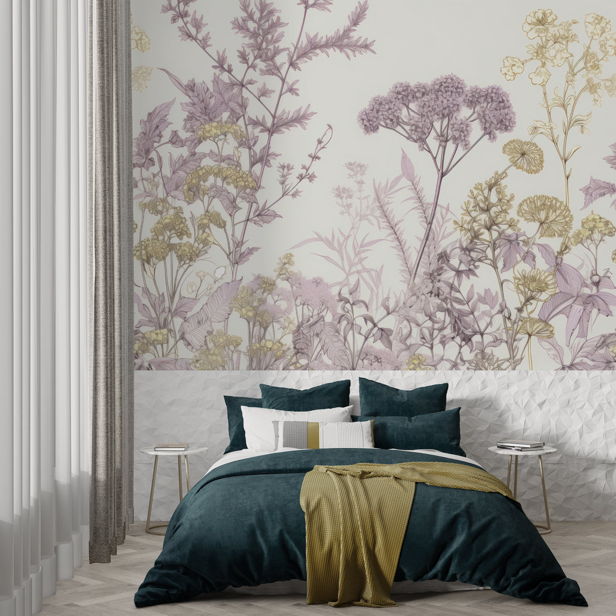 Elegant botanical wallpaper bringing natural charm to a master bedroom with soft lighting