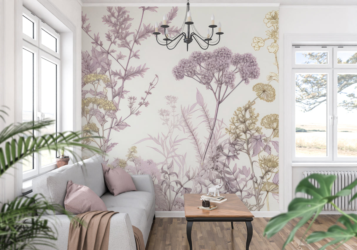Mauve and gold floral mural creating a sophisticated backdrop in a home office space