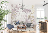 Botanical wall design adding elegance to an entryway with its flowing mauve and gold pattern