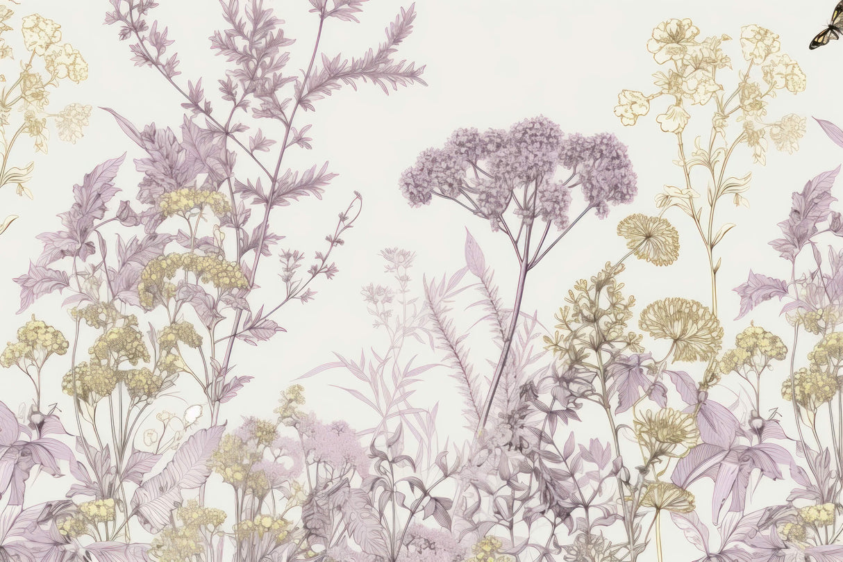 Botanical wallpaper design file showing detailed mauve flowers and golden accents on ivory background