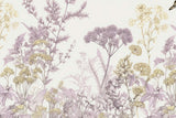 Botanical wallpaper design file showing detailed mauve flowers and golden accents on ivory background