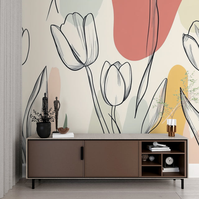 Minimalist tulip line art wallpaper in bright modern living room showing black sketched flowers