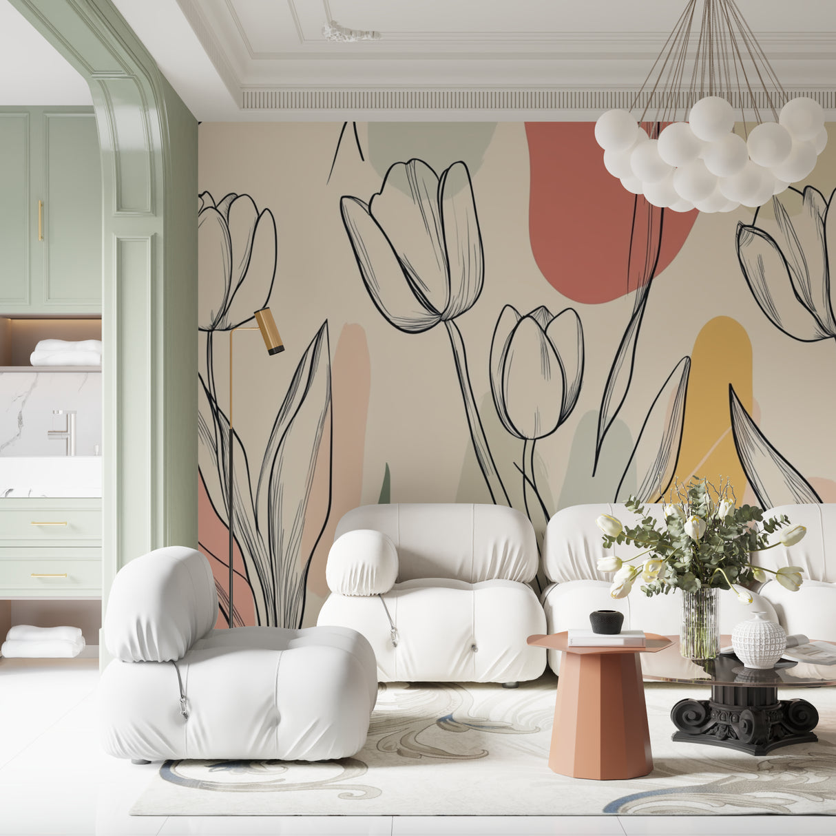 Line art floral wallpaper creating calm atmosphere in master bedroom